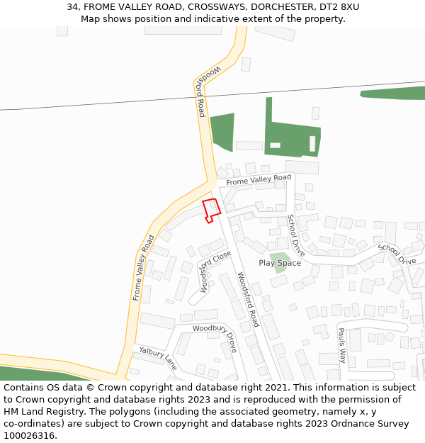 34, FROME VALLEY ROAD, CROSSWAYS, DORCHESTER, DT2 8XU: Location map and indicative extent of plot