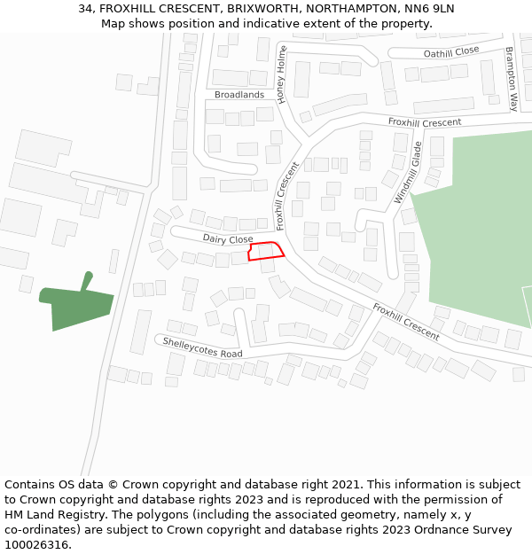 34, FROXHILL CRESCENT, BRIXWORTH, NORTHAMPTON, NN6 9LN: Location map and indicative extent of plot