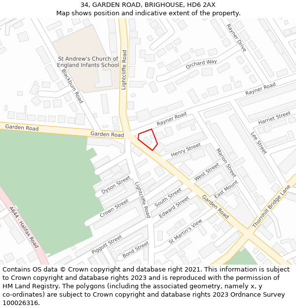 34, GARDEN ROAD, BRIGHOUSE, HD6 2AX: Location map and indicative extent of plot