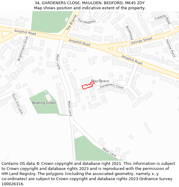 34, GARDENERS CLOSE, MAULDEN, BEDFORD, MK45 2DY: Location map and indicative extent of plot