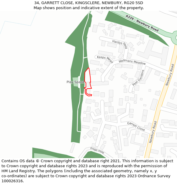 34, GARRETT CLOSE, KINGSCLERE, NEWBURY, RG20 5SD: Location map and indicative extent of plot