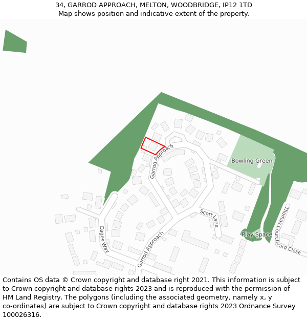 34, GARROD APPROACH, MELTON, WOODBRIDGE, IP12 1TD: Location map and indicative extent of plot