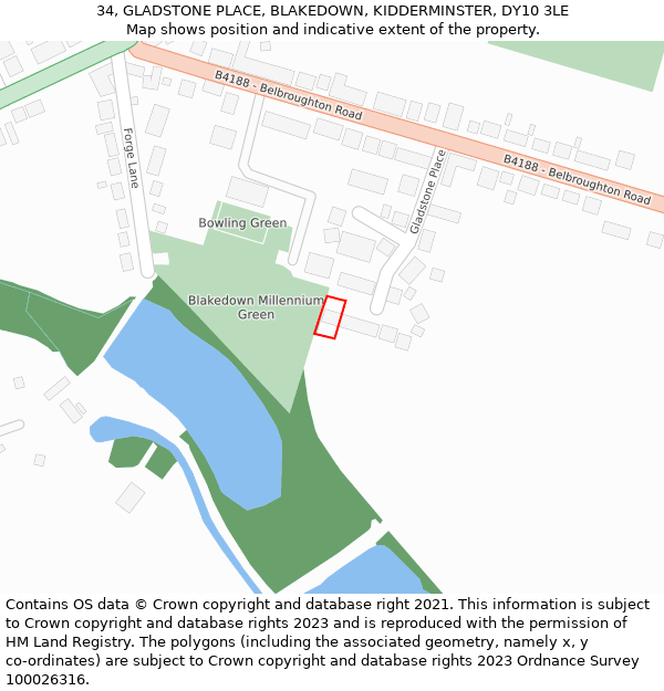 34, GLADSTONE PLACE, BLAKEDOWN, KIDDERMINSTER, DY10 3LE: Location map and indicative extent of plot