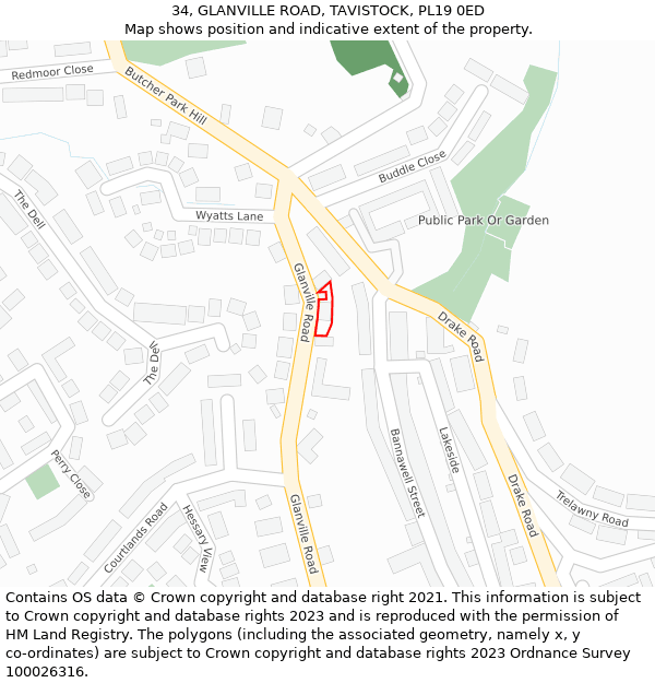 34, GLANVILLE ROAD, TAVISTOCK, PL19 0ED: Location map and indicative extent of plot