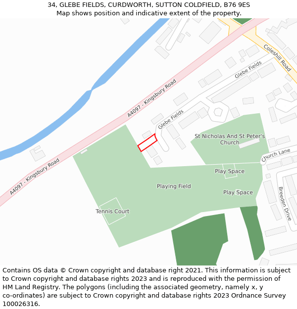 34, GLEBE FIELDS, CURDWORTH, SUTTON COLDFIELD, B76 9ES: Location map and indicative extent of plot