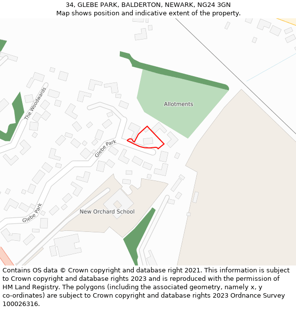 34, GLEBE PARK, BALDERTON, NEWARK, NG24 3GN: Location map and indicative extent of plot