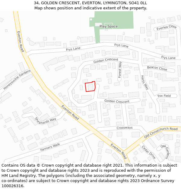 34, GOLDEN CRESCENT, EVERTON, LYMINGTON, SO41 0LL: Location map and indicative extent of plot