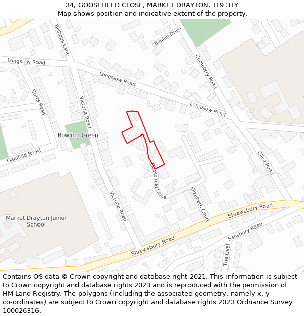 34, GOOSEFIELD CLOSE, MARKET DRAYTON, TF9 3TY: Location map and indicative extent of plot