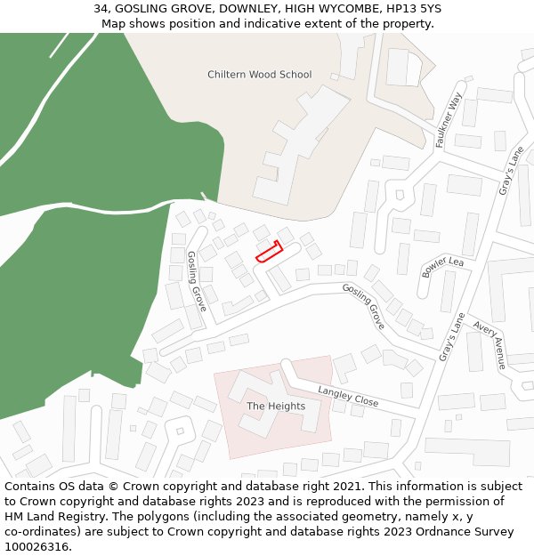 34, GOSLING GROVE, DOWNLEY, HIGH WYCOMBE, HP13 5YS: Location map and indicative extent of plot