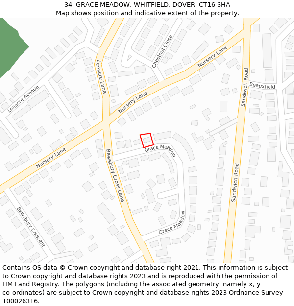 34, GRACE MEADOW, WHITFIELD, DOVER, CT16 3HA: Location map and indicative extent of plot