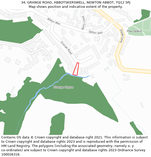 34, GRANGE ROAD, ABBOTSKERSWELL, NEWTON ABBOT, TQ12 5PJ: Location map and indicative extent of plot