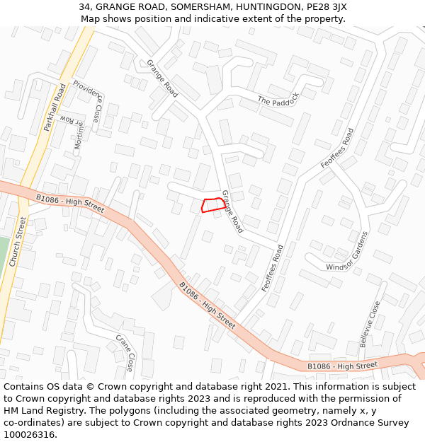 34, GRANGE ROAD, SOMERSHAM, HUNTINGDON, PE28 3JX: Location map and indicative extent of plot