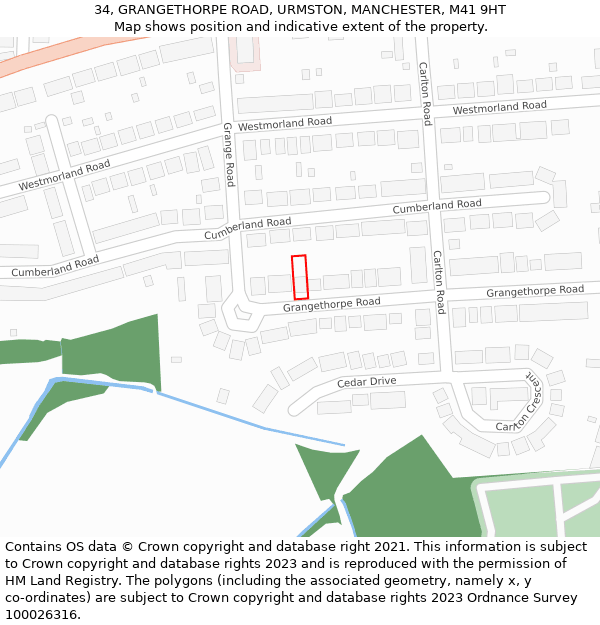 34, GRANGETHORPE ROAD, URMSTON, MANCHESTER, M41 9HT: Location map and indicative extent of plot