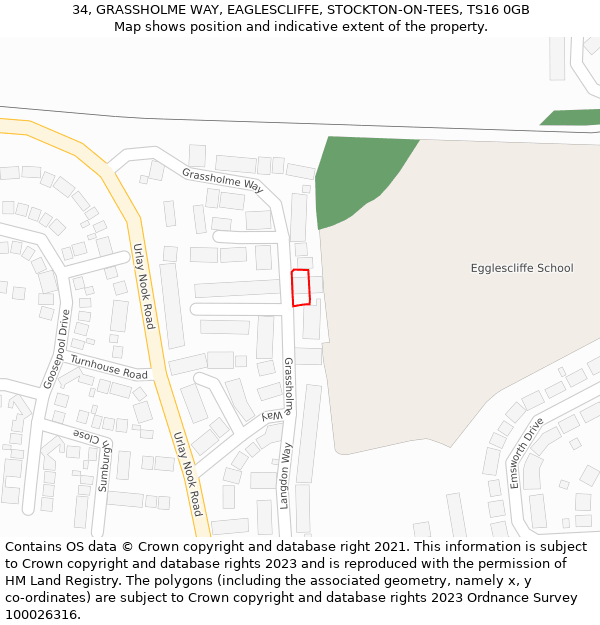 34, GRASSHOLME WAY, EAGLESCLIFFE, STOCKTON-ON-TEES, TS16 0GB: Location map and indicative extent of plot