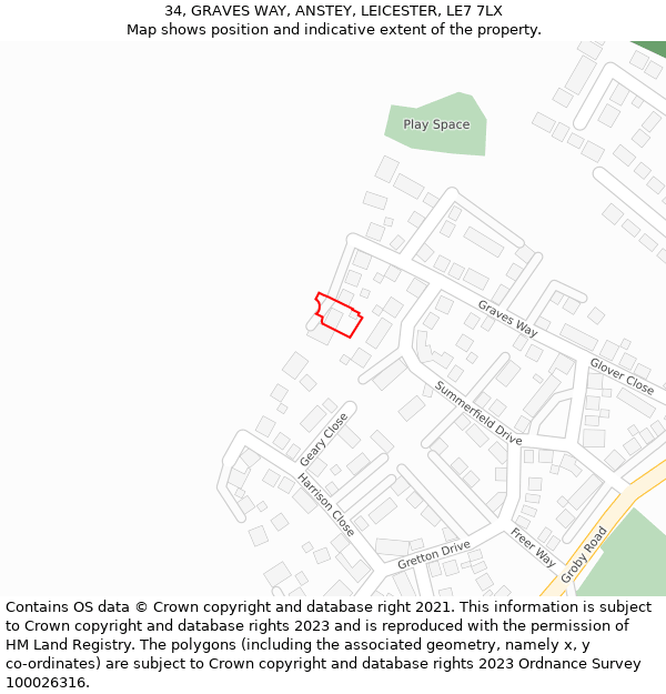 34, GRAVES WAY, ANSTEY, LEICESTER, LE7 7LX: Location map and indicative extent of plot