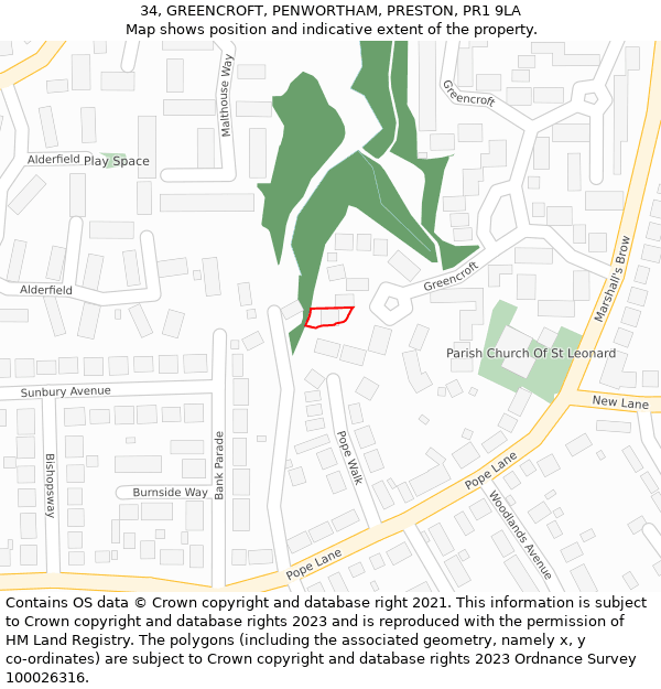 34, GREENCROFT, PENWORTHAM, PRESTON, PR1 9LA: Location map and indicative extent of plot