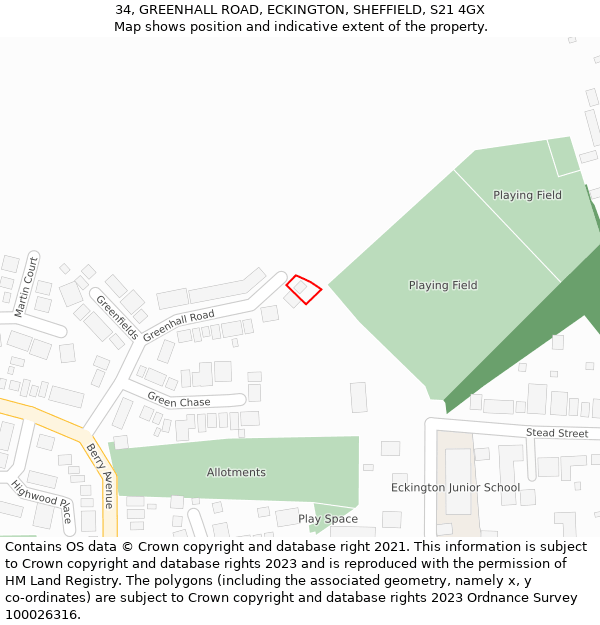 34, GREENHALL ROAD, ECKINGTON, SHEFFIELD, S21 4GX: Location map and indicative extent of plot