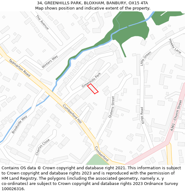 34, GREENHILLS PARK, BLOXHAM, BANBURY, OX15 4TA: Location map and indicative extent of plot