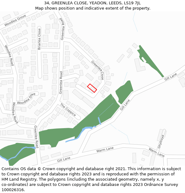 34, GREENLEA CLOSE, YEADON, LEEDS, LS19 7JL: Location map and indicative extent of plot