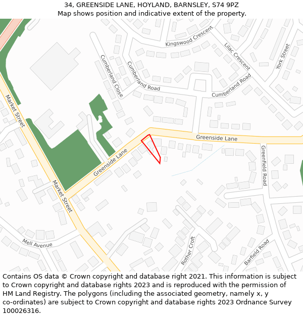 34, GREENSIDE LANE, HOYLAND, BARNSLEY, S74 9PZ: Location map and indicative extent of plot