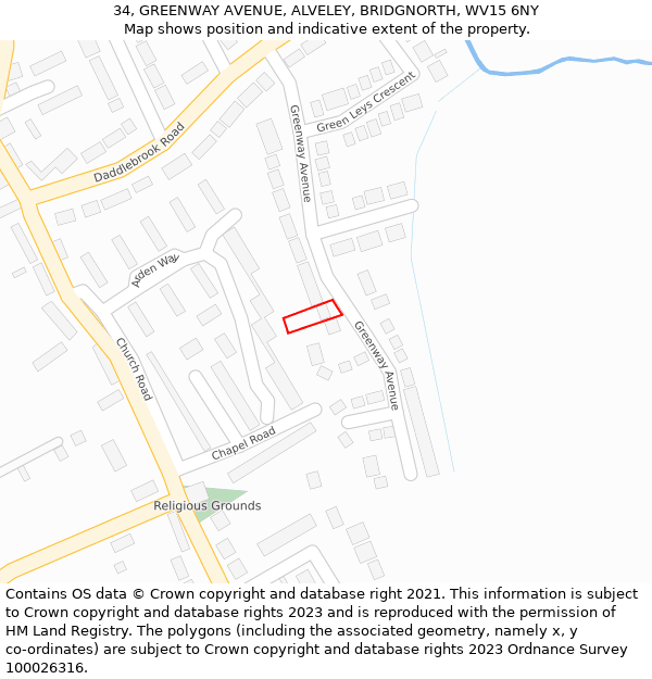 34, GREENWAY AVENUE, ALVELEY, BRIDGNORTH, WV15 6NY: Location map and indicative extent of plot