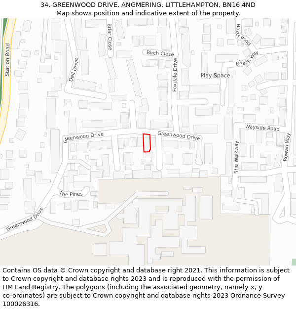 34, GREENWOOD DRIVE, ANGMERING, LITTLEHAMPTON, BN16 4ND: Location map and indicative extent of plot