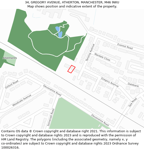 34, GREGORY AVENUE, ATHERTON, MANCHESTER, M46 9WU: Location map and indicative extent of plot