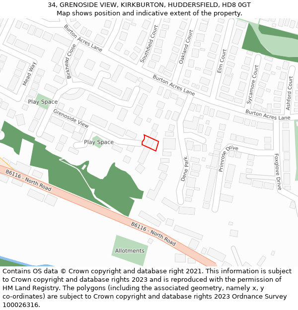 34, GRENOSIDE VIEW, KIRKBURTON, HUDDERSFIELD, HD8 0GT: Location map and indicative extent of plot