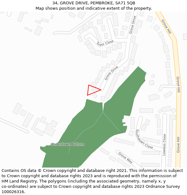 34, GROVE DRIVE, PEMBROKE, SA71 5QB: Location map and indicative extent of plot