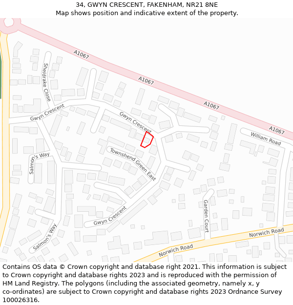 34, GWYN CRESCENT, FAKENHAM, NR21 8NE: Location map and indicative extent of plot