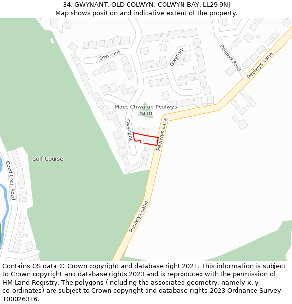 34, GWYNANT, OLD COLWYN, COLWYN BAY, LL29 9NJ: Location map and indicative extent of plot