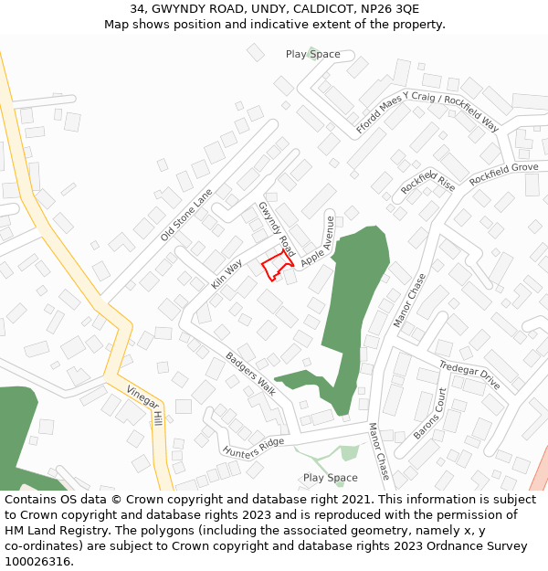 34, GWYNDY ROAD, UNDY, CALDICOT, NP26 3QE: Location map and indicative extent of plot