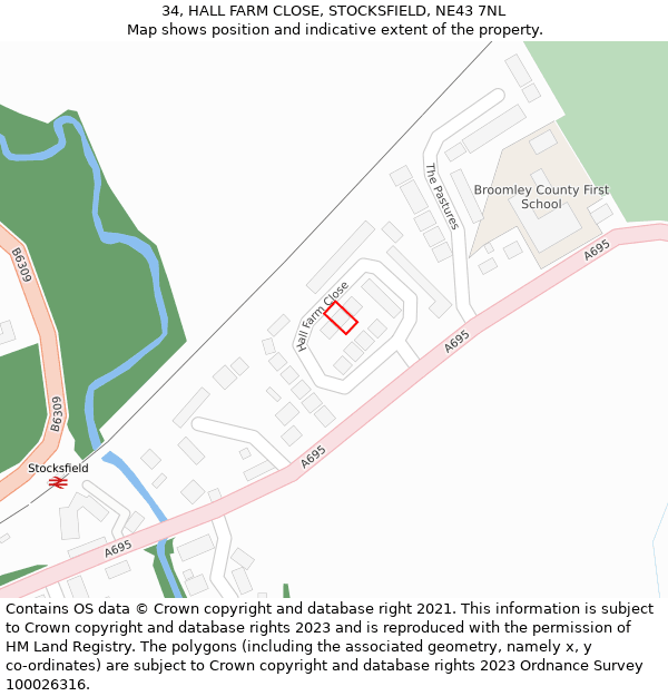 34, HALL FARM CLOSE, STOCKSFIELD, NE43 7NL: Location map and indicative extent of plot