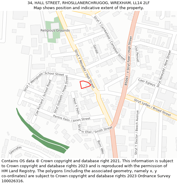 34, HALL STREET, RHOSLLANERCHRUGOG, WREXHAM, LL14 2LF: Location map and indicative extent of plot