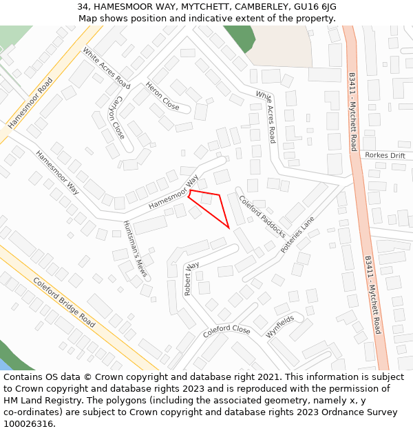 34, HAMESMOOR WAY, MYTCHETT, CAMBERLEY, GU16 6JG: Location map and indicative extent of plot