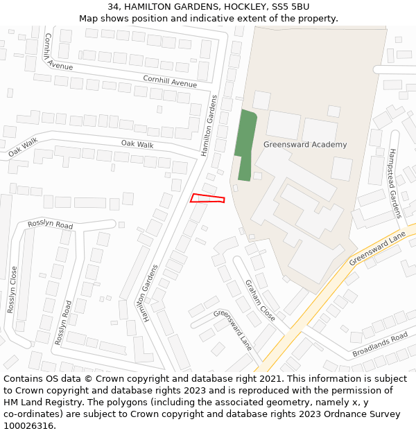 34, HAMILTON GARDENS, HOCKLEY, SS5 5BU: Location map and indicative extent of plot