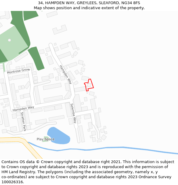 34, HAMPDEN WAY, GREYLEES, SLEAFORD, NG34 8FS: Location map and indicative extent of plot