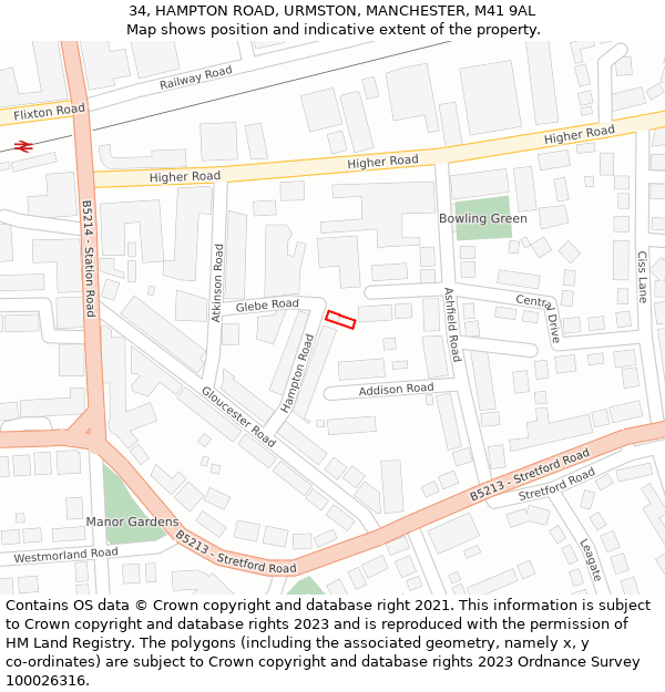 34, HAMPTON ROAD, URMSTON, MANCHESTER, M41 9AL: Location map and indicative extent of plot