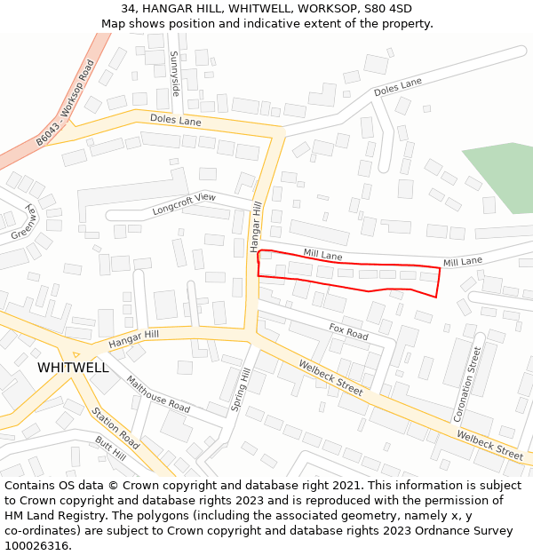 34, HANGAR HILL, WHITWELL, WORKSOP, S80 4SD: Location map and indicative extent of plot