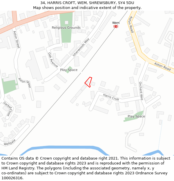 34, HARRIS CROFT, WEM, SHREWSBURY, SY4 5DU: Location map and indicative extent of plot