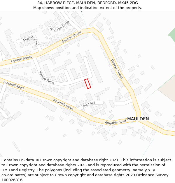 34, HARROW PIECE, MAULDEN, BEDFORD, MK45 2DG: Location map and indicative extent of plot