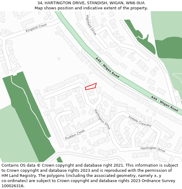 34, HARTINGTON DRIVE, STANDISH, WIGAN, WN6 0UA: Location map and indicative extent of plot