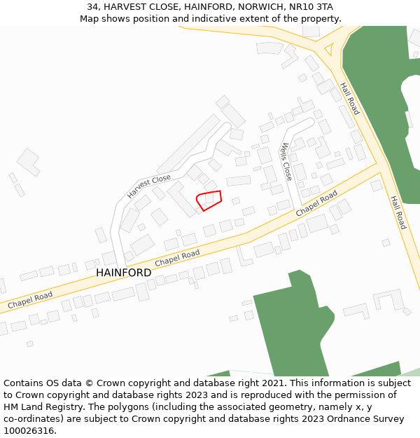 34, HARVEST CLOSE, HAINFORD, NORWICH, NR10 3TA: Location map and indicative extent of plot