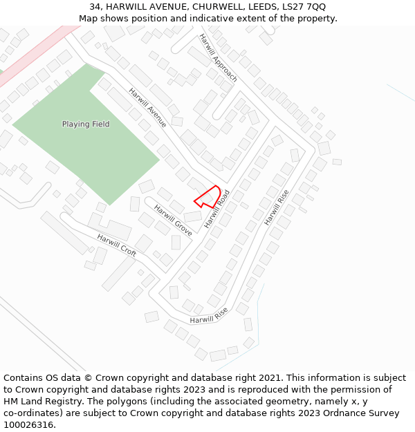 34, HARWILL AVENUE, CHURWELL, LEEDS, LS27 7QQ: Location map and indicative extent of plot