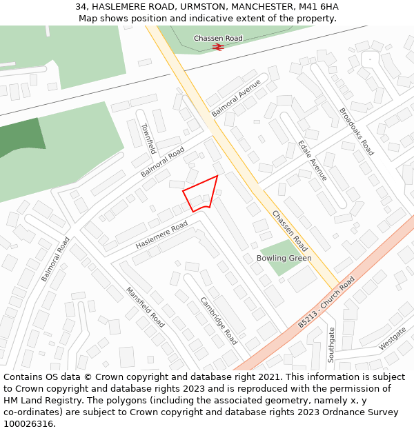 34, HASLEMERE ROAD, URMSTON, MANCHESTER, M41 6HA: Location map and indicative extent of plot