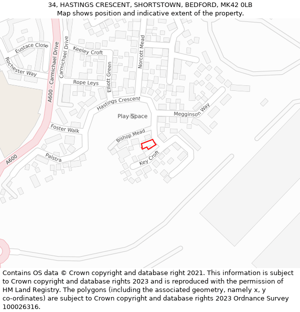 34, HASTINGS CRESCENT, SHORTSTOWN, BEDFORD, MK42 0LB: Location map and indicative extent of plot