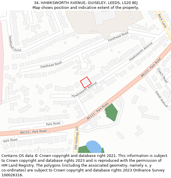 34, HAWKSWORTH AVENUE, GUISELEY, LEEDS, LS20 8EJ: Location map and indicative extent of plot