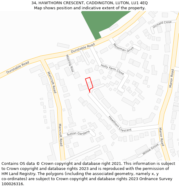 34, HAWTHORN CRESCENT, CADDINGTON, LUTON, LU1 4EQ: Location map and indicative extent of plot