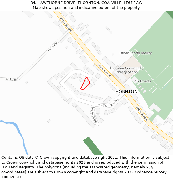 34, HAWTHORNE DRIVE, THORNTON, COALVILLE, LE67 1AW: Location map and indicative extent of plot