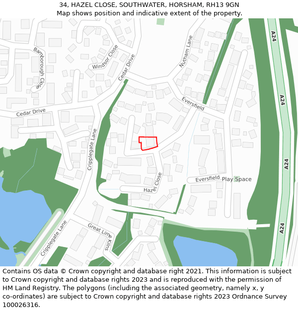 34, HAZEL CLOSE, SOUTHWATER, HORSHAM, RH13 9GN: Location map and indicative extent of plot